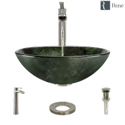 Rene 17" Round Glass Bathroom Sink, Forest Green, with Faucet, R5-5027-R9-7007-BN