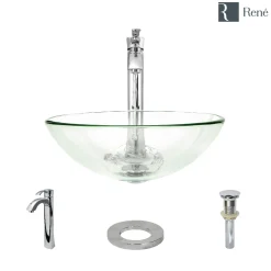 Rene 17" Round Glass Bathroom Sink, Crystal, with Faucet, R5-5001-CRY-R9-7006-C