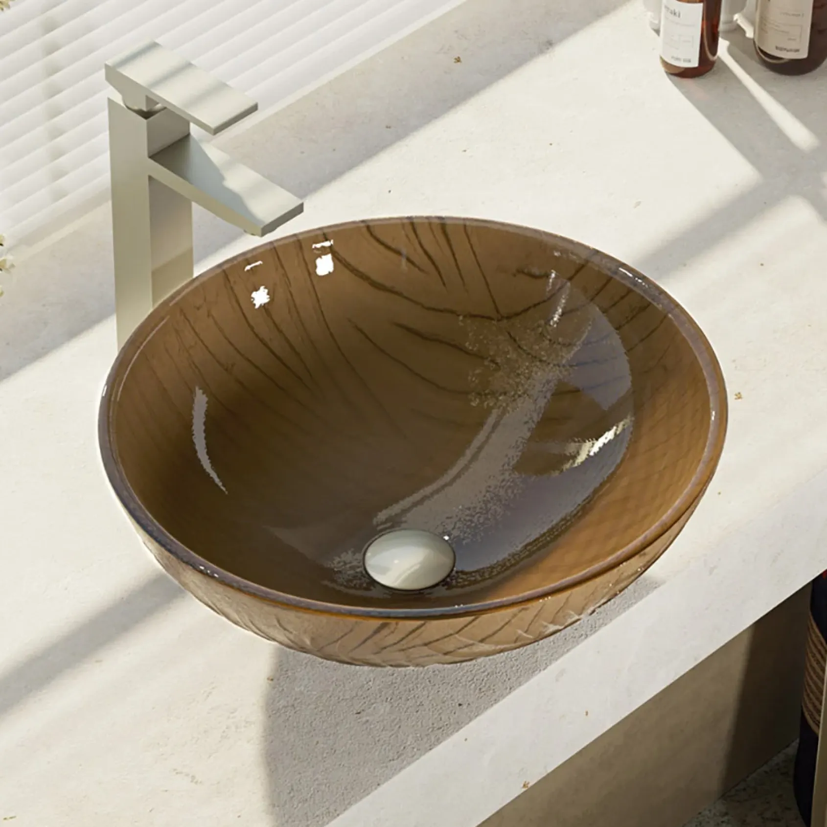 Rene 17" Round Glass Bathroom Sink, Beach Sand, with Faucet, R5-5025-R9-7003-BN