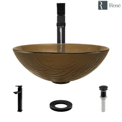 Rene 17" Round Glass Bathroom Sink, Beach Sand, with Faucet, R5-5025-R9-7003-ABR