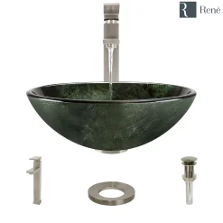 Rene 17" Round Glass Bathroom Sink, Forest Green, with Faucet, R5-5027-R9-7003-BN