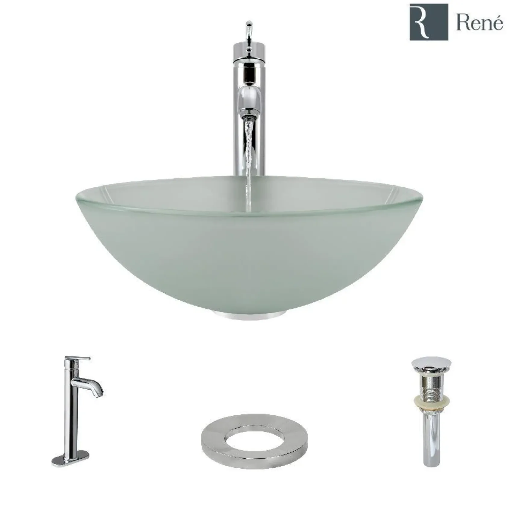 Rene 17" Round Glass Bathroom Sink, Frosted, with Faucet, R5-5002-R9-7001-C