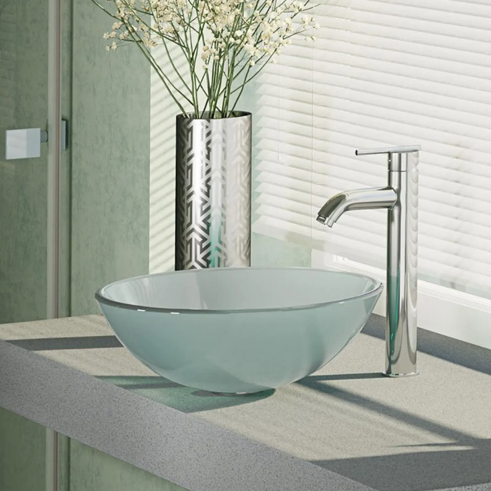 Rene 17" Round Glass Bathroom Sink, Frosted, with Faucet, R5-5002-R9-7001-C
