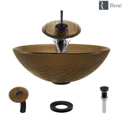Rene 17" Round Glass Bathroom Sink, Beach Sand, with Faucet, R5-5025-WF-ABR