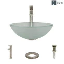 Rene 17" Round Glass Bathroom Sink, Frosted, with Faucet, R5-5002-R9-7003-BN
