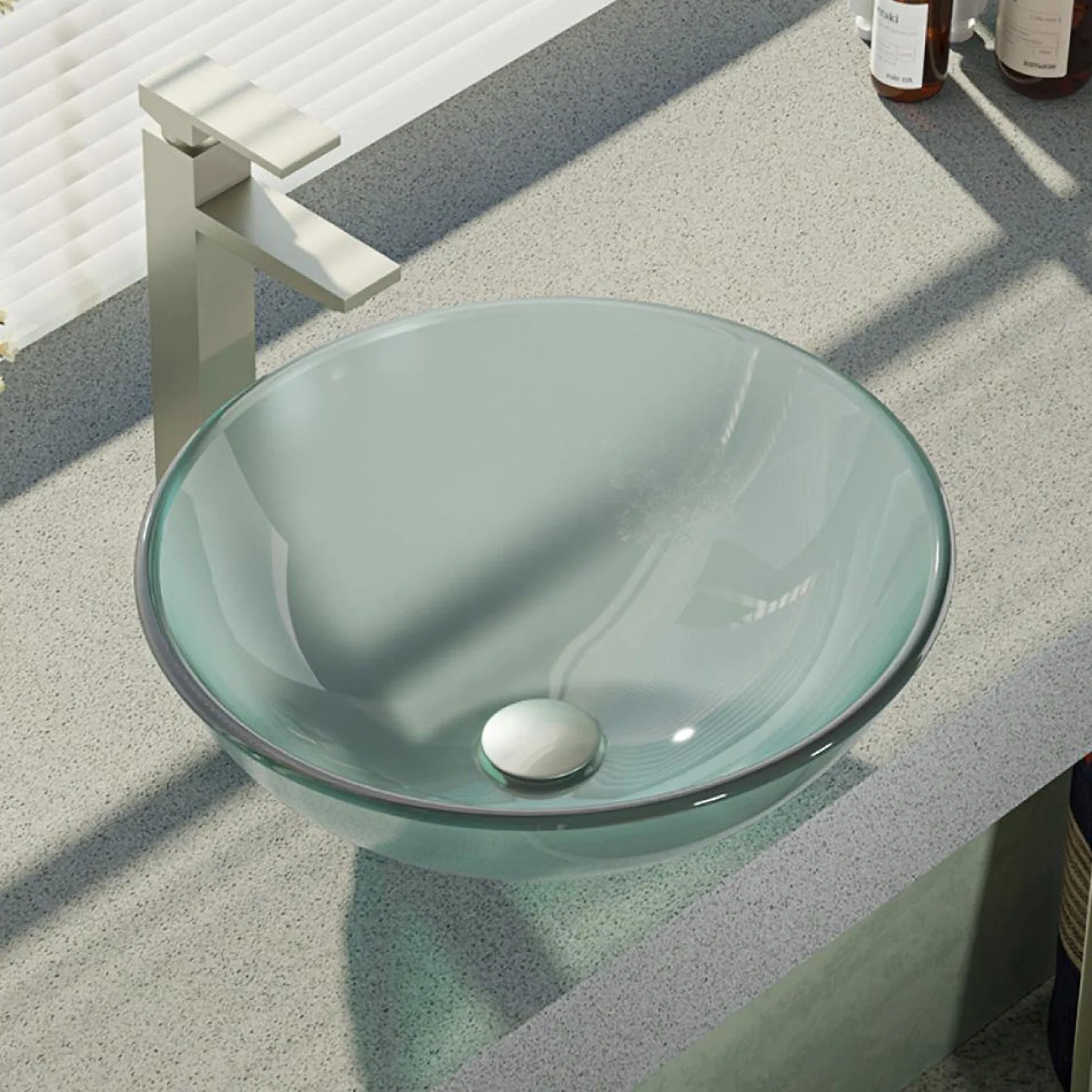 Rene 17" Round Glass Bathroom Sink, Frosted, with Faucet, R5-5002-R9-7003-BN