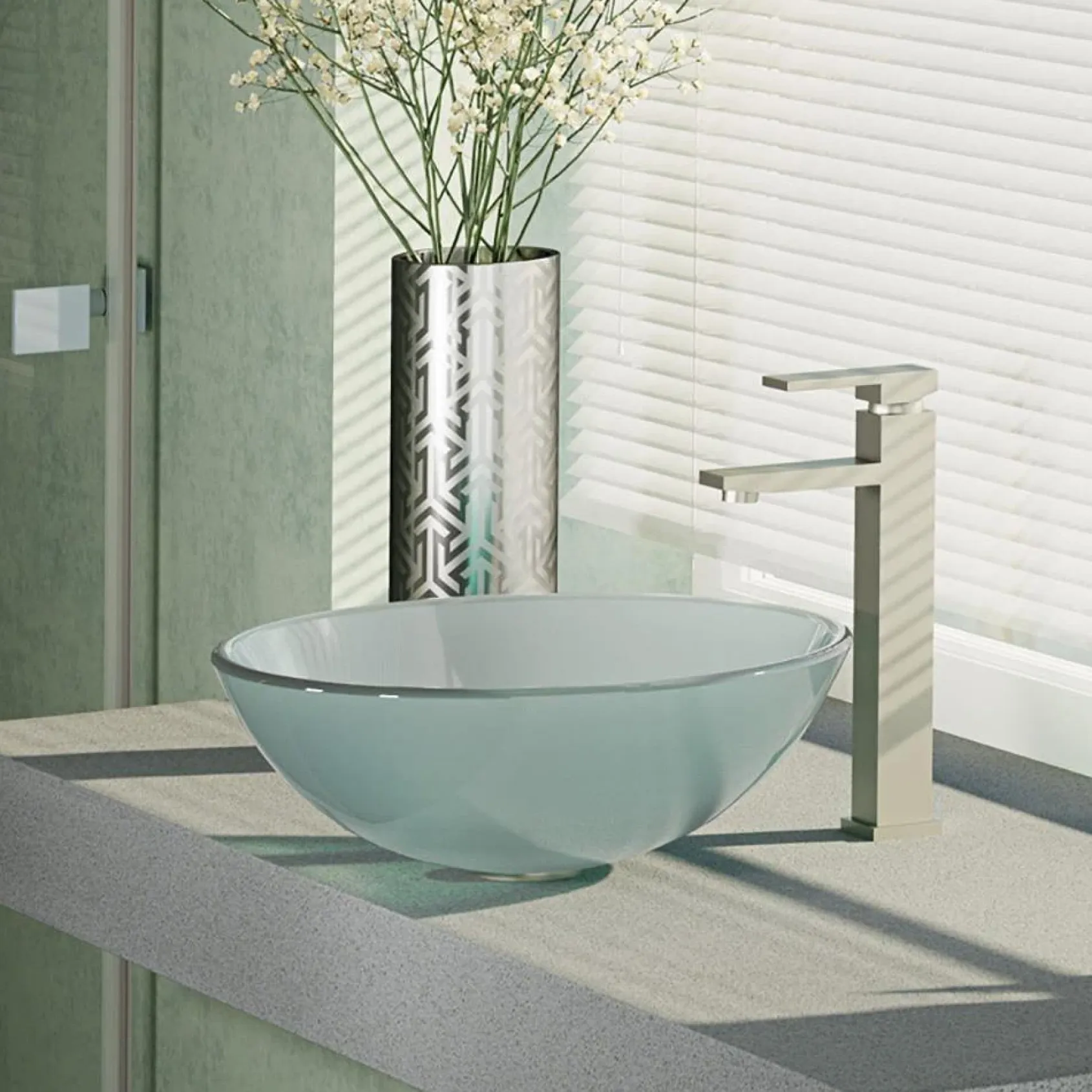 Rene 17" Round Glass Bathroom Sink, Frosted, with Faucet, R5-5002-R9-7003-BN