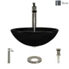 Rene 17" Round Glass Bathroom Sink, Noir, with Faucet, R5-5001-NOR-R9-7007-BN