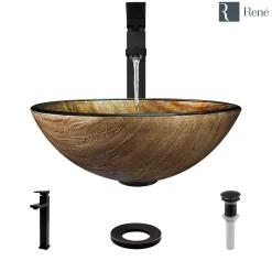 Rene 17" Round Glass Bathroom Sink, Bronze, with Faucet, R5-5030-R9-7003-ABR