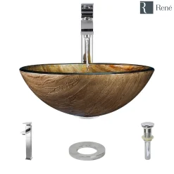 Rene 17" Round Glass Bathroom Sink, Bronze, with Faucet, R5-5030-R9-7003-C
