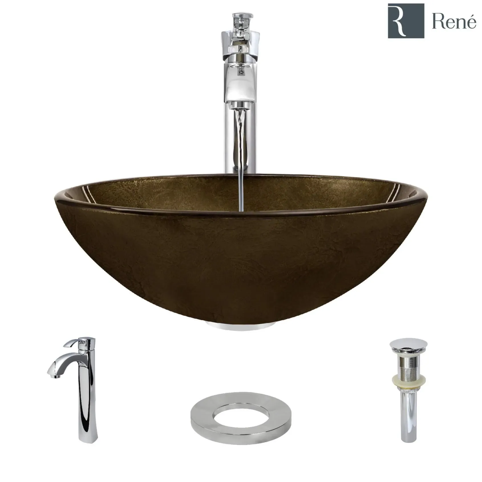 Rene 17" Round Glass Bathroom Sink, Regal Bronze and Earth Tones, with Faucet, R5-5035-R9-7006-C