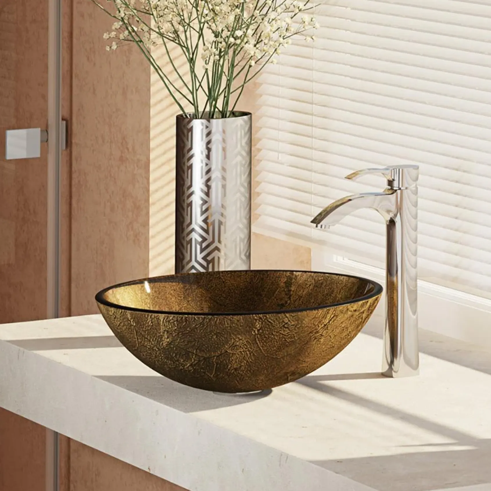 Rene 17" Round Glass Bathroom Sink, Regal Bronze and Earth Tones, with Faucet, R5-5035-R9-7006-C