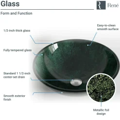 Rene 17" Round Glass Bathroom Sink, Forest Green, with Faucet, R5-5027-R9-7007-C