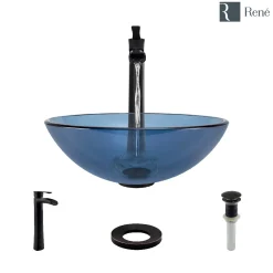 Rene 17" Round Glass Bathroom Sink, Celeste, with Faucet, R5-5001-CEL-R9-7007-ABR