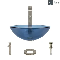 Rene 17" Round Glass Bathroom Sink, Celeste, with Faucet, R5-5001-CEL-R9-7003-BN