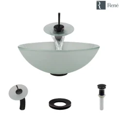 Rene 17" Round Glass Bathroom Sink, Frosted, with Faucet, R5-5002-WF-ABR