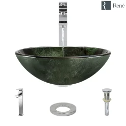 Rene 17" Round Glass Bathroom Sink, Forest Green, with Faucet, R5-5027-R9-7003-C
