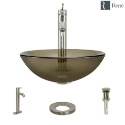 Rene 17" Round Glass Bathroom Sink, Cashmere, with Faucet, R5-5001-CAS-R9-7001-BN