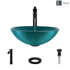 Rene 17" Round Glass Bathroom Sink, Cerulean, with Faucet, R5-5001-CER-R9-7006-ABR