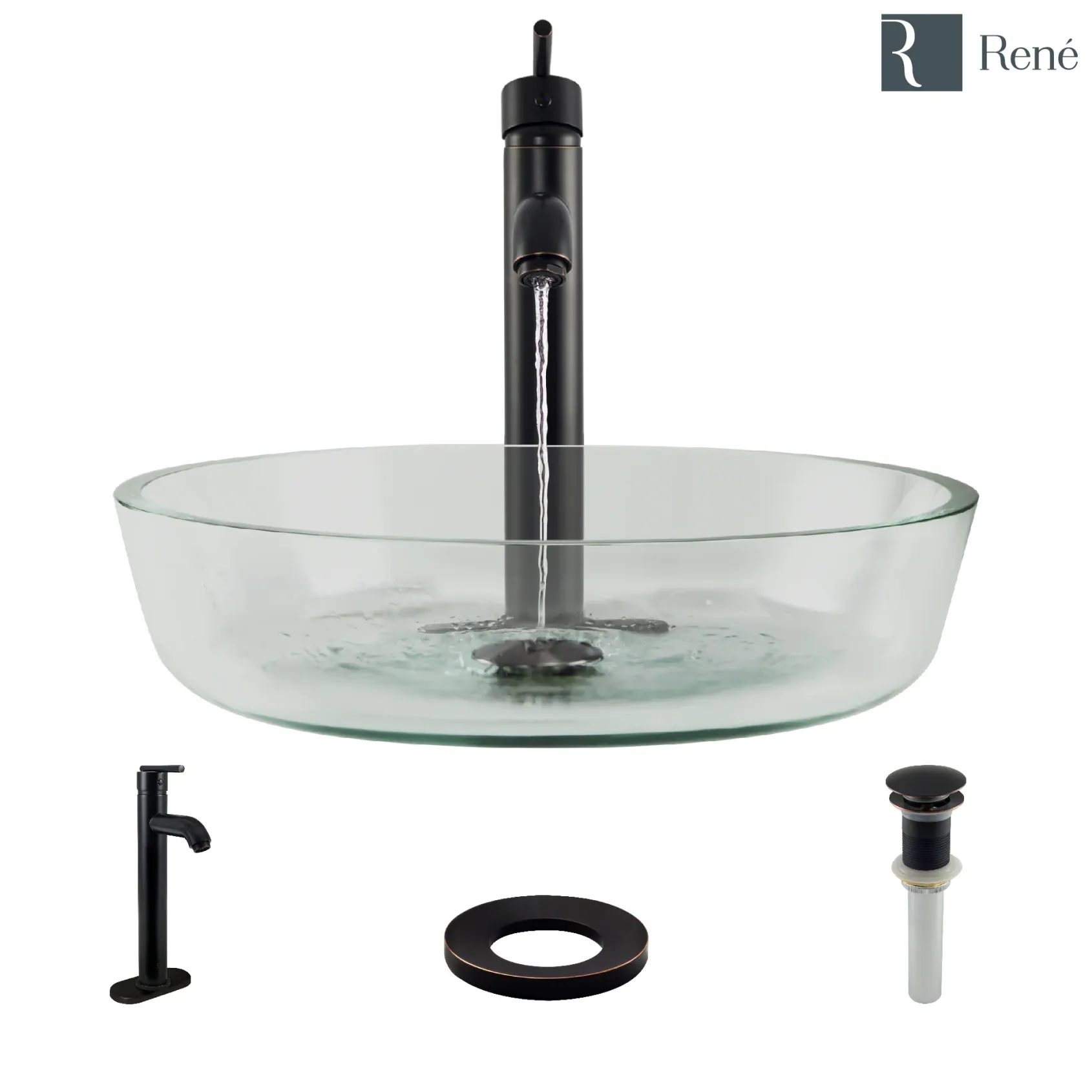Rene 17" Round Glass Bathroom Sink, Crystal, with Faucet, R5-5024-R9-7001-ABR