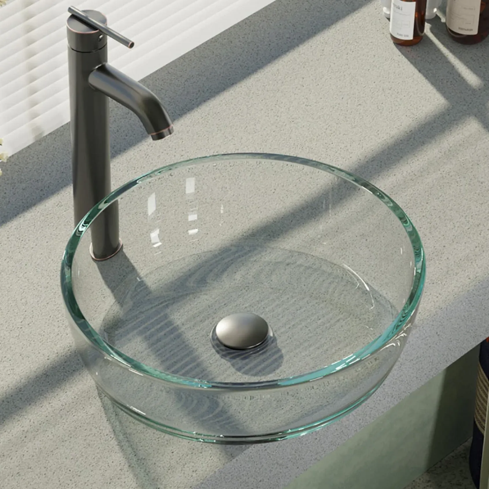 Rene 17" Round Glass Bathroom Sink, Crystal, with Faucet, R5-5024-R9-7001-ABR
