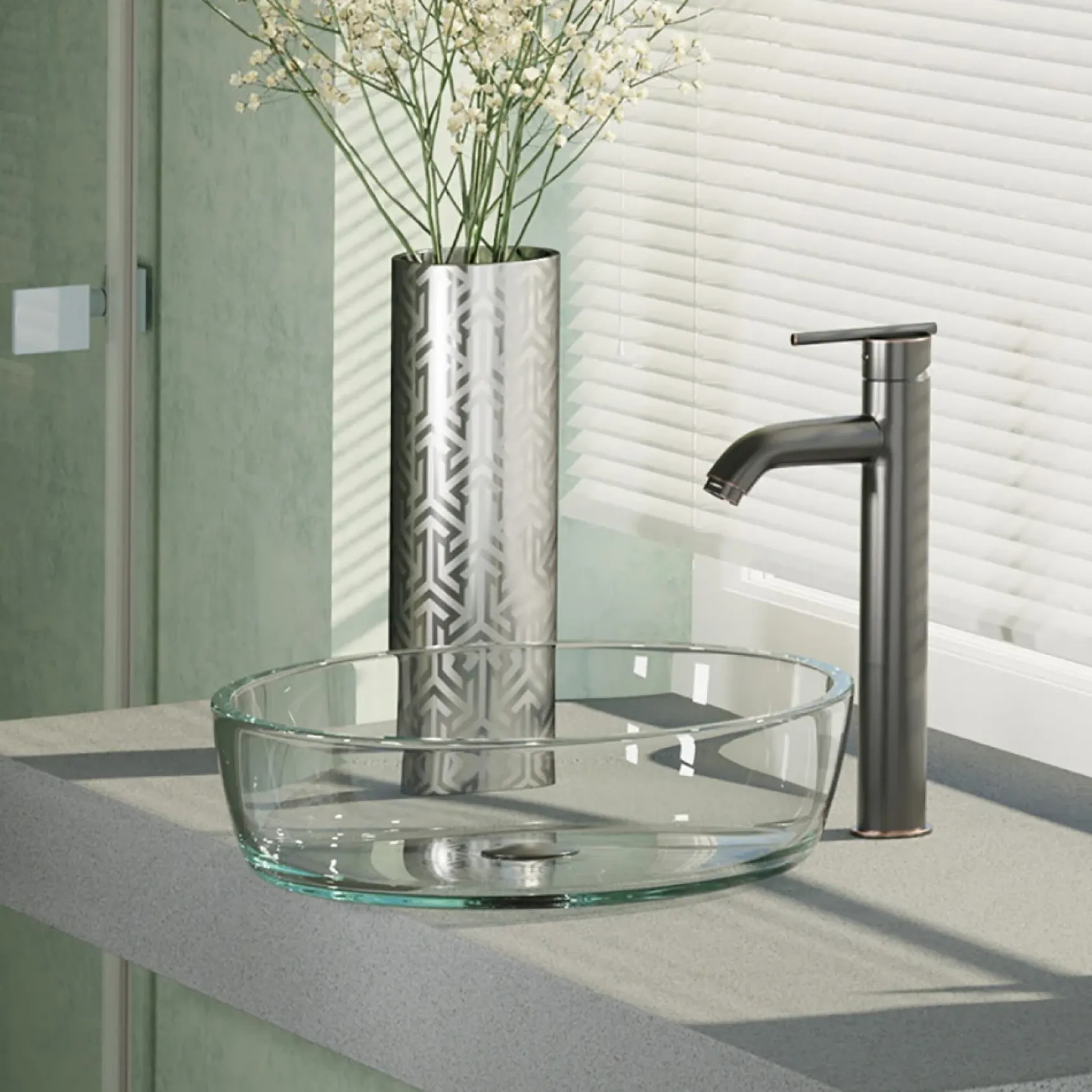 Rene 17" Round Glass Bathroom Sink, Crystal, with Faucet, R5-5024-R9-7001-ABR