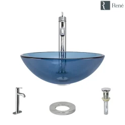 Rene 17" Round Glass Bathroom Sink, Celeste, with Faucet, R5-5001-CEL-R9-7001-C