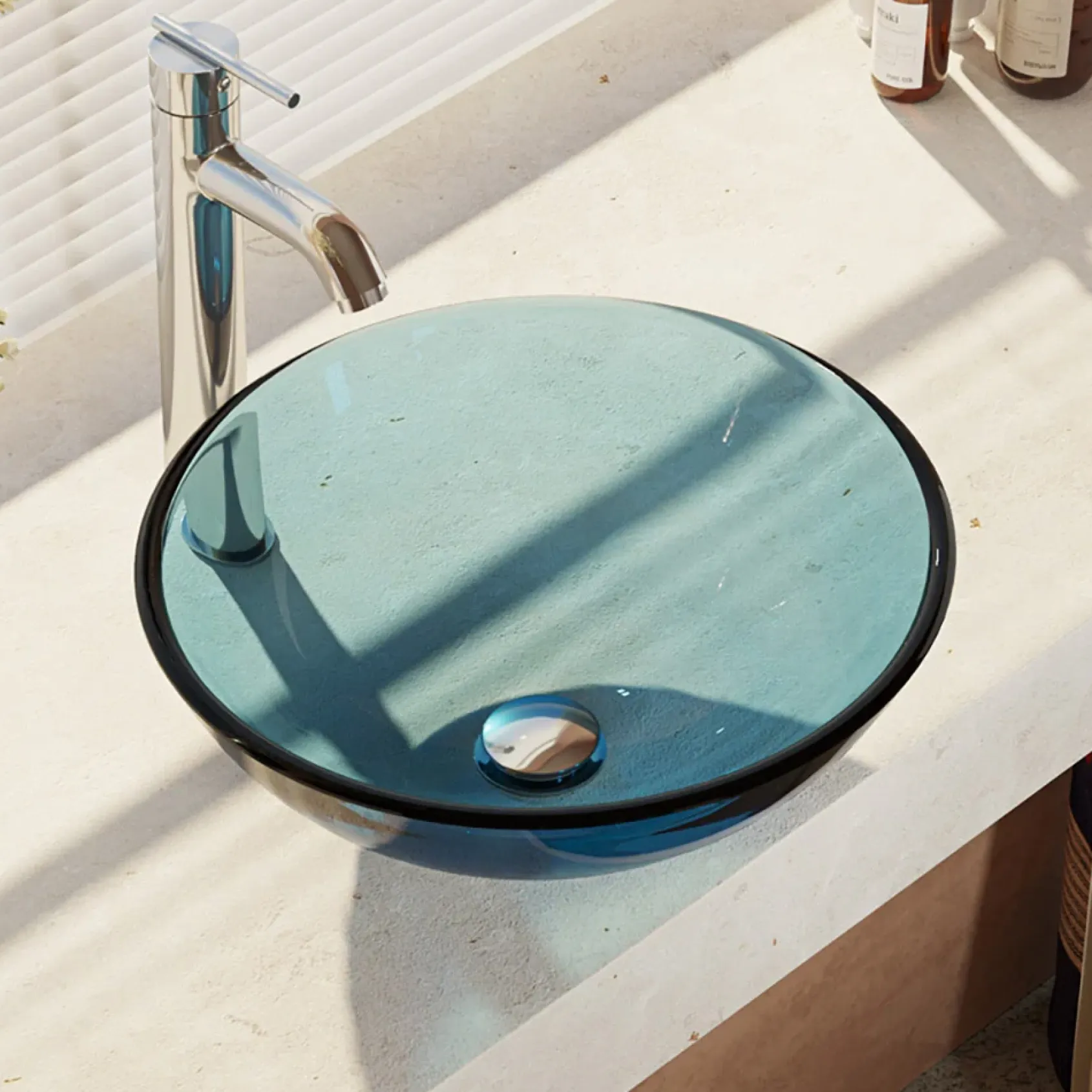 Rene 17" Round Glass Bathroom Sink, Celeste, with Faucet, R5-5001-CEL-R9-7001-C