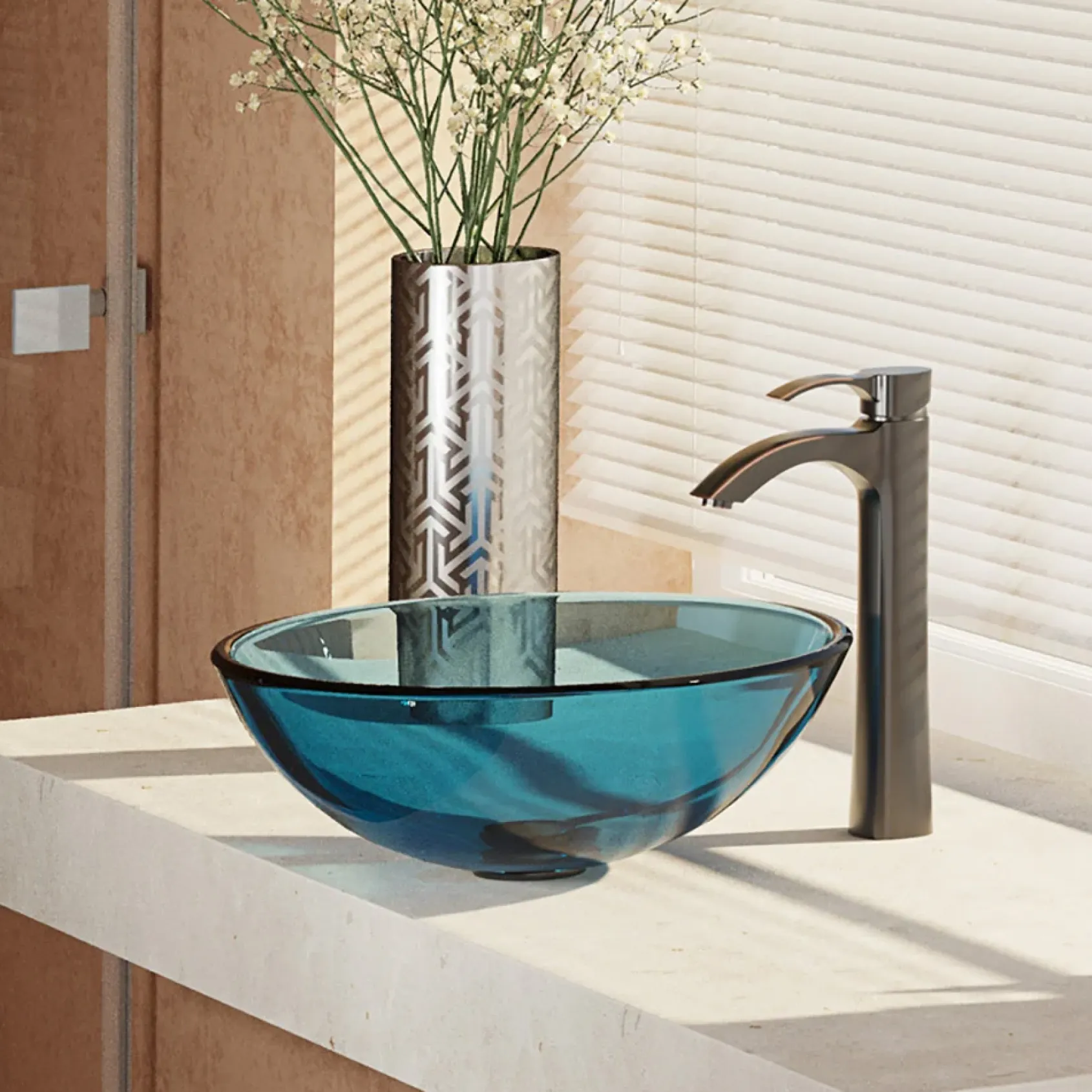Rene 17" Round Glass Bathroom Sink, Celeste, with Faucet, R5-5001-CEL-R9-7006-ABR