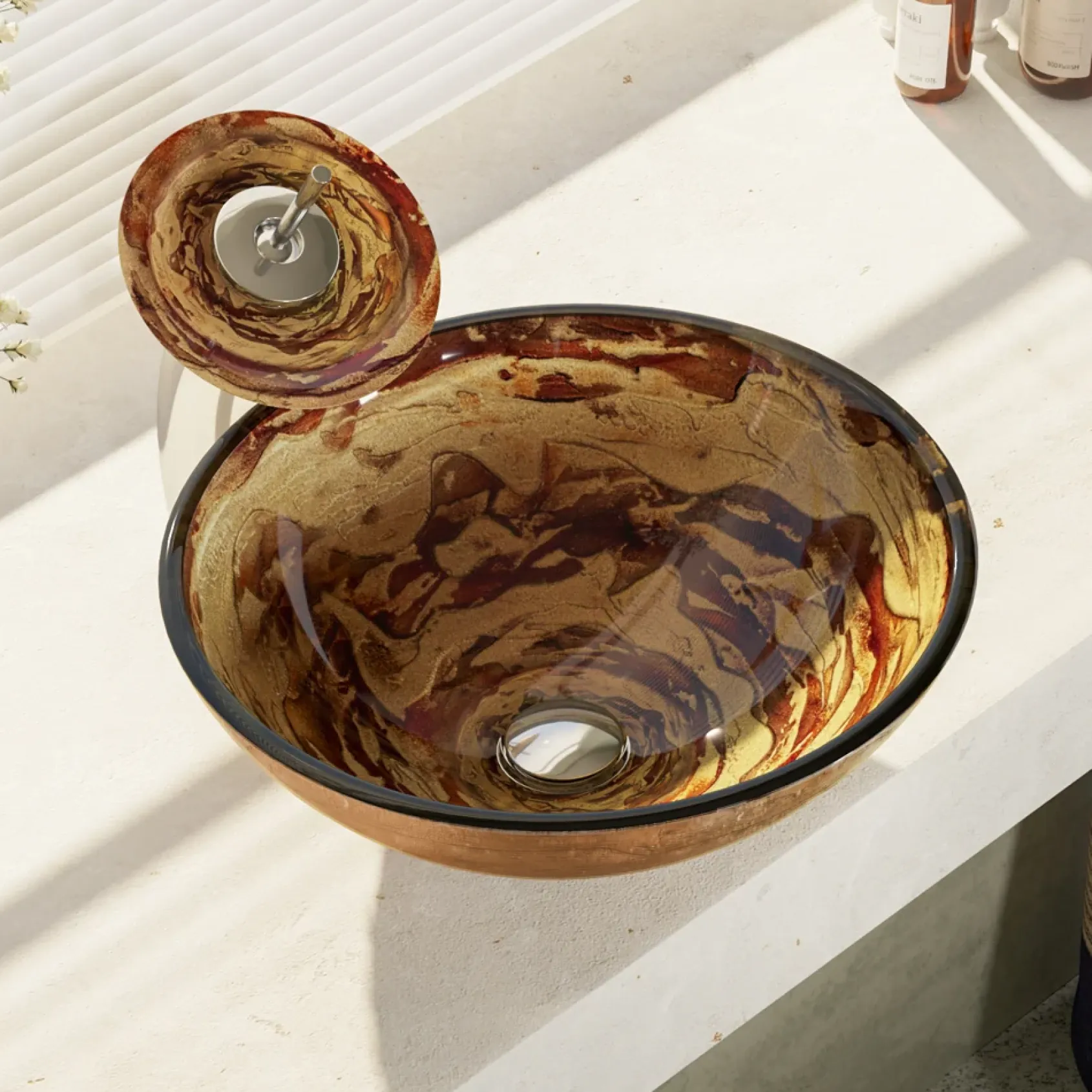 Rene 17" Round Glass Bathroom Sink, Golden and auburn, with Faucet, R5-5029-WF-C