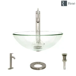 Rene 17" Round Glass Bathroom Sink, Crystal, with Faucet, R5-5001-CRY-R9-7001-BN