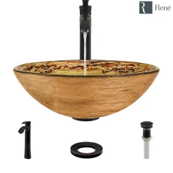 Rene 17" Round Glass Bathroom Sink, Golden and auburn, with Faucet, R5-5029-R9-7006-ABR