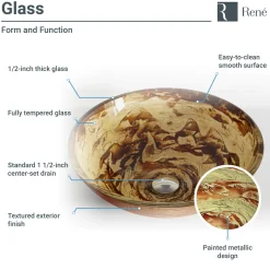 Rene 17" Round Glass Bathroom Sink, Golden and auburn, with Faucet, R5-5029-R9-7006-ABR