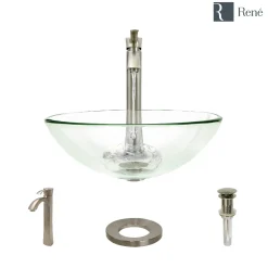 Rene 17" Round Glass Bathroom Sink, Crystal, with Faucet, R5-5001-CRY-R9-7006-BN