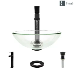 Rene 17" Round Glass Bathroom Sink, Crystal, with Faucet, R5-5001-CRY-R9-7003-ABR
