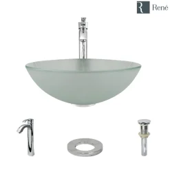Rene 17" Round Glass Bathroom Sink, Frosted, with Faucet, R5-5002-R9-7006-C