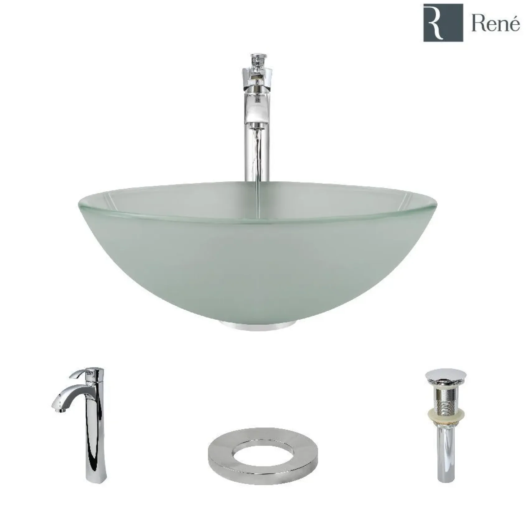 Rene 17" Round Glass Bathroom Sink, Frosted, with Faucet, R5-5002-R9-7006-C