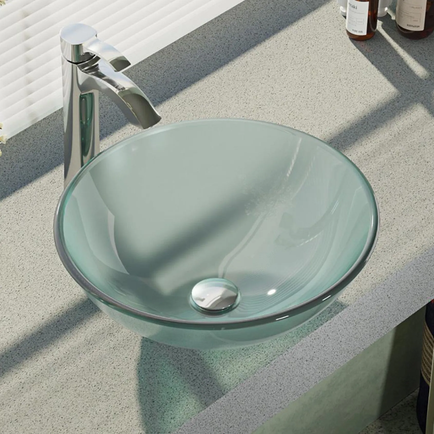 Rene 17" Round Glass Bathroom Sink, Frosted, with Faucet, R5-5002-R9-7006-C