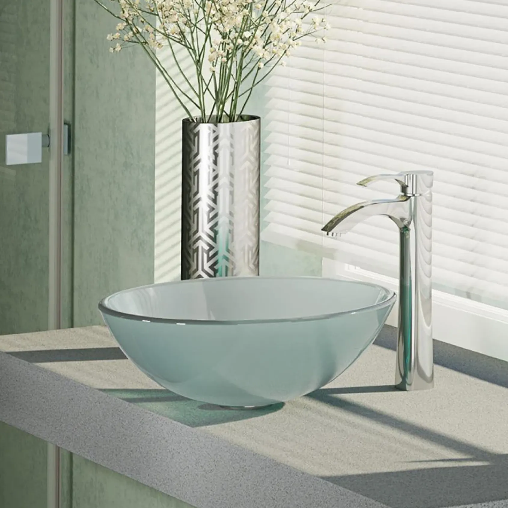 Rene 17" Round Glass Bathroom Sink, Frosted, with Faucet, R5-5002-R9-7006-C