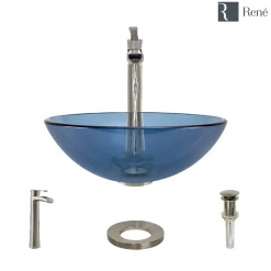 Rene 17" Round Glass Bathroom Sink, Celeste, with Faucet, R5-5001-CEL-R9-7007-BN