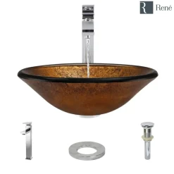 Rene 18" Round Glass Bathroom Sink, Orange Gold Foil, with Faucet, R5-5013-R9-7003-C