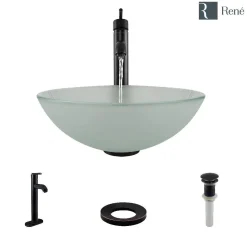 Rene 17" Round Glass Bathroom Sink, Frosted, with Faucet, R5-5002-R9-7001-ABR