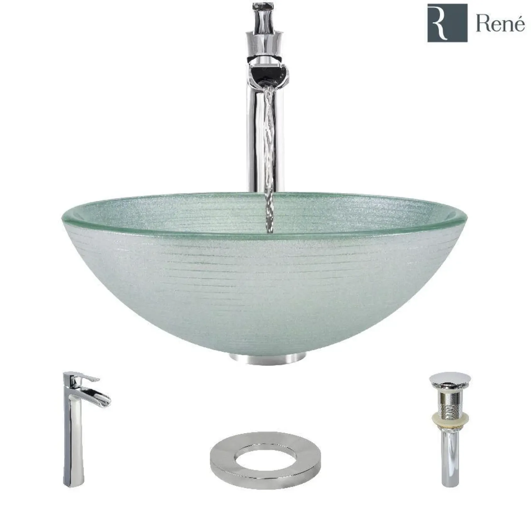 Rene 17" Round Glass Bathroom Sink, Sparkling Silver, with Faucet, R5-5034-R9-7007-C