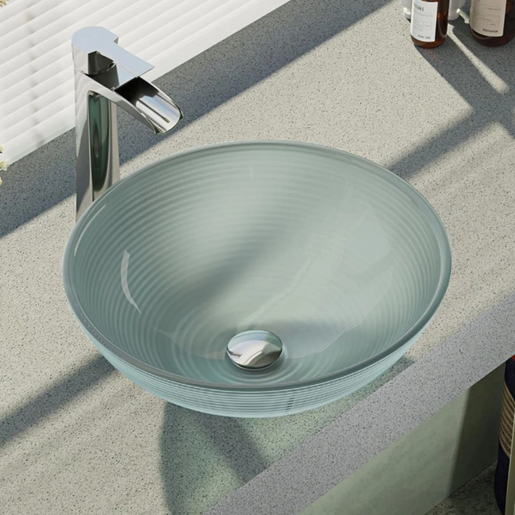 Rene 17" Round Glass Bathroom Sink, Sparkling Silver, with Faucet, R5-5034-R9-7007-C