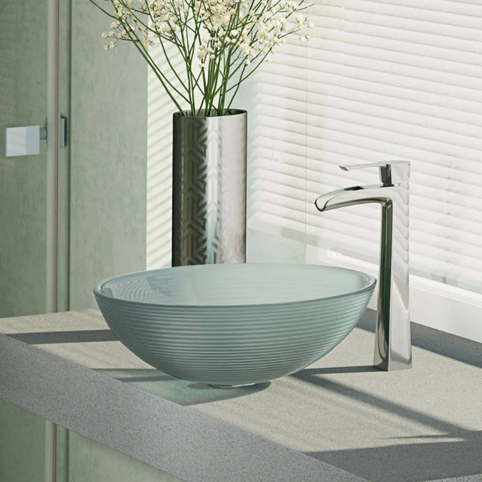 Rene 17" Round Glass Bathroom Sink, Sparkling Silver, with Faucet, R5-5034-R9-7007-C
