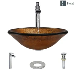Rene 18" Round Glass Bathroom Sink, Orange Gold Foil, with Faucet, R5-5013-R9-7007-C