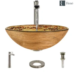 Rene 17" Round Glass Bathroom Sink, Golden and auburn, with Faucet, R5-5029-R9-7007-BN