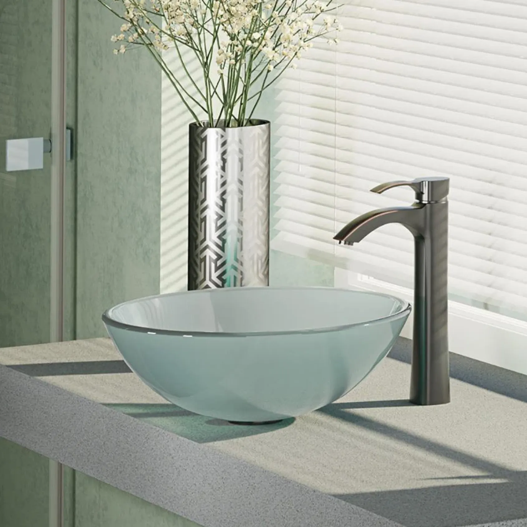 Rene 17" Round Glass Bathroom Sink, Frosted, with Faucet, R5-5002-R9-7006-ABR