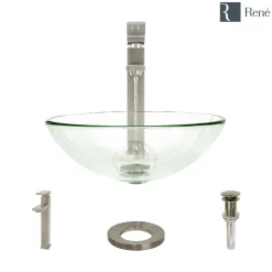 Rene 17" Round Glass Bathroom Sink, Crystal, with Faucet, R5-5001-CRY-R9-7003-BN