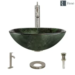 Rene 17" Round Glass Bathroom Sink, Forest Green, with Faucet, R5-5027-R9-7001-BN